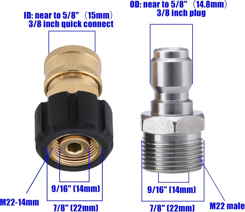 JOEJET Pressure Washer Adapter Set, M22 to 3/8" Quick Connect for Pressure Washer Hose, M22 14mm to M22 Metric Fitting, 5000 PSI - Image 4